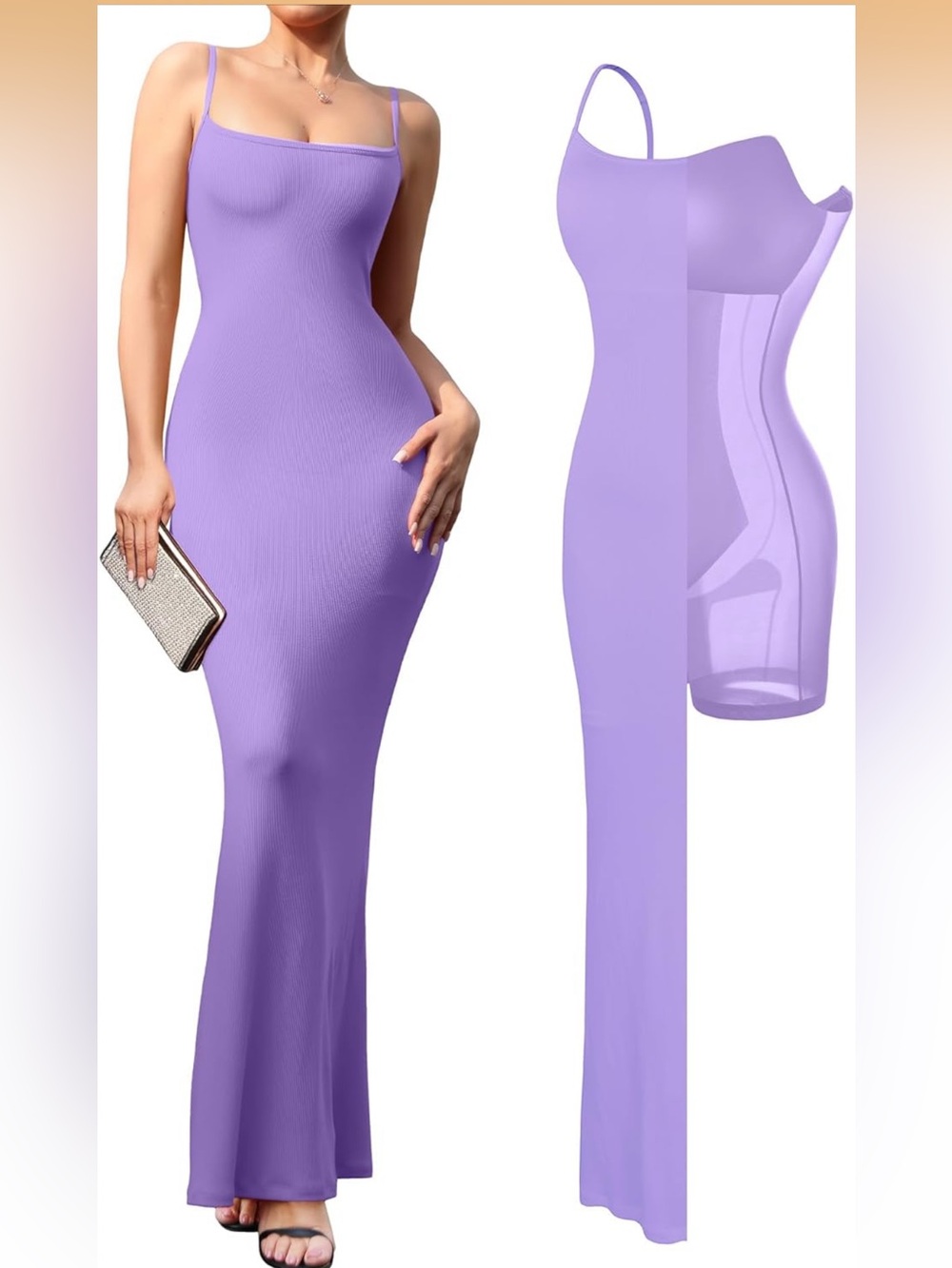 Popilush Women's Lavender bodycon shapewear attached maxi dress tank ribbed L